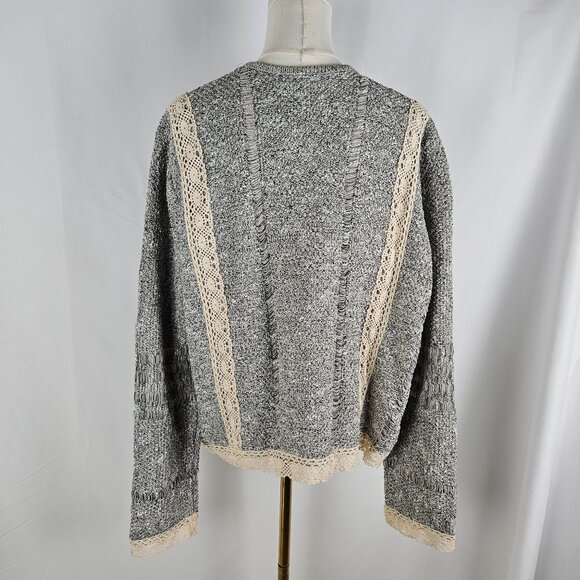 Mary McFadden Open Front Cardigan Large Boho Fringe Lace Tweed Gray - Picture 4 of 9